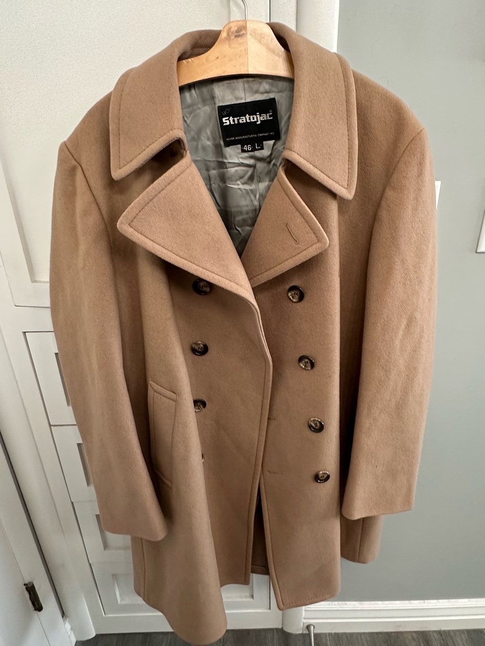 Vintage Stratojac Overcoat Peacoat Jacket Heather Tan Wool Men's Size 46 Long